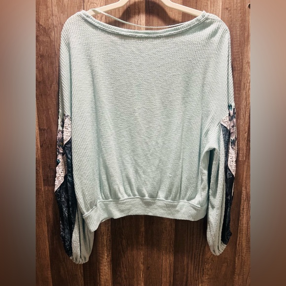 Free People Casual Clash Top Teal Blue Lace Long Sleeve Sz Small Women’s - Picture 5 of 5